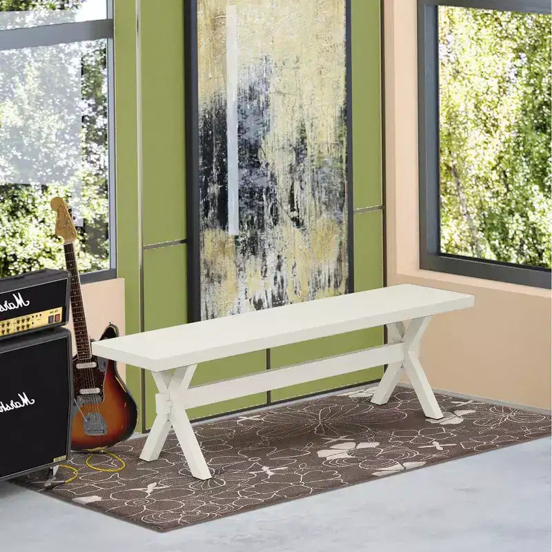 Banc de salle à manger moderne HomeStock, style X, avec assise en bois, 60x15x18 pouces, blanc pur