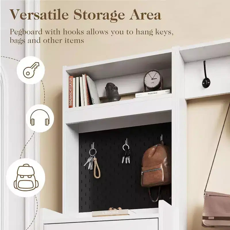 Meuble à chaussures 5-en-1 Heynemo avec tiroir basculant, rangement à chaussures d'entrée avec panneau perforé, étagère réglable, meuble d'entrée en bois