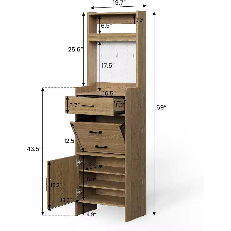 Meuble à chaussures 5-en-1 Heynemo avec tiroir basculant, rangement à chaussures d'entrée avec panneau perforé, étagère réglable, meuble d'entrée en bois