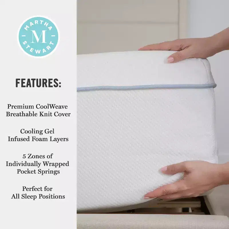 Matelas hybride Martha Stewart SleepComplete 12 à ressorts ensachés et mousse, fermeté moyenne, rafraîchissant à double action avec surmatelas en tricot jacquard CoolWeave respirant
