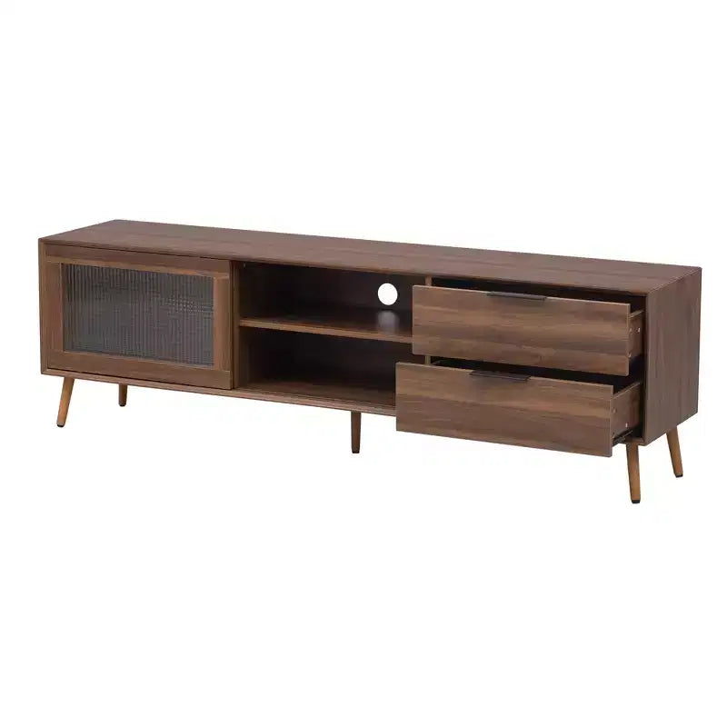 Meuble TV moderne pour téléviseurs jusqu'à 80'', Console multimédia TV avec 2 portes vitrées, Meuble de divertissement avec 2 tiroirs et armoire de rangement, Noyer - ModernLuxe