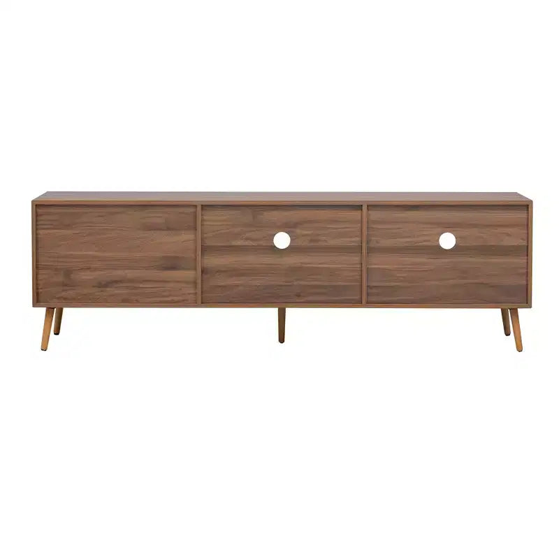 Meuble TV moderne pour téléviseurs jusqu'à 80'', Console multimédia TV avec 2 portes vitrées, Meuble de divertissement avec 2 tiroirs et armoire de rangement, Noyer - ModernLuxe