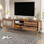 Meuble TV moderne pour téléviseurs jusqu'à 80'', Console multimédia TV avec 2 portes vitrées, Meuble de divertissement avec 2 tiroirs et armoire de rangement, Noyer - ModernLuxe