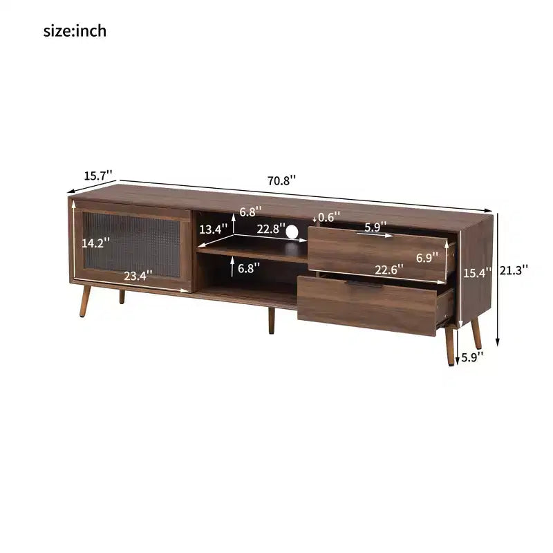 Meuble TV moderne pour téléviseurs jusqu'à 80'', Console multimédia TV avec 2 portes vitrées, Meuble de divertissement avec 2 tiroirs et armoire de rangement, Noyer - ModernLuxe