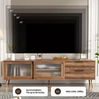 Meuble TV moderne pour téléviseurs jusqu'à 80'', Console multimédia TV avec 2 portes vitrées, Meuble de divertissement avec 2 tiroirs et armoire de rangement, Noyer - ModernLuxe