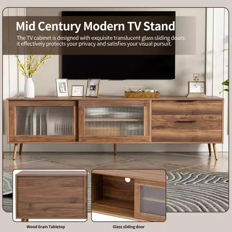 Meuble TV moderne pour téléviseurs jusqu'à 80'', Console multimédia TV avec 2 portes vitrées, Meuble de divertissement avec 2 tiroirs et armoire de rangement, Noyer - ModernLuxe
