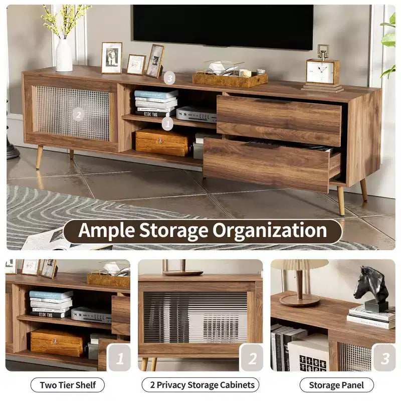 Meuble TV moderne pour téléviseurs jusqu'à 80'', Console multimédia TV avec 2 portes vitrées, Meuble de divertissement avec 2 tiroirs et armoire de rangement, Noyer - ModernLuxe