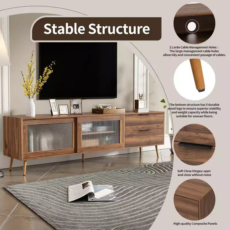 Meuble TV moderne pour téléviseurs jusqu'à 80'', Console multimédia TV avec 2 portes vitrées, Meuble de divertissement avec 2 tiroirs et armoire de rangement, Noyer - ModernLuxe