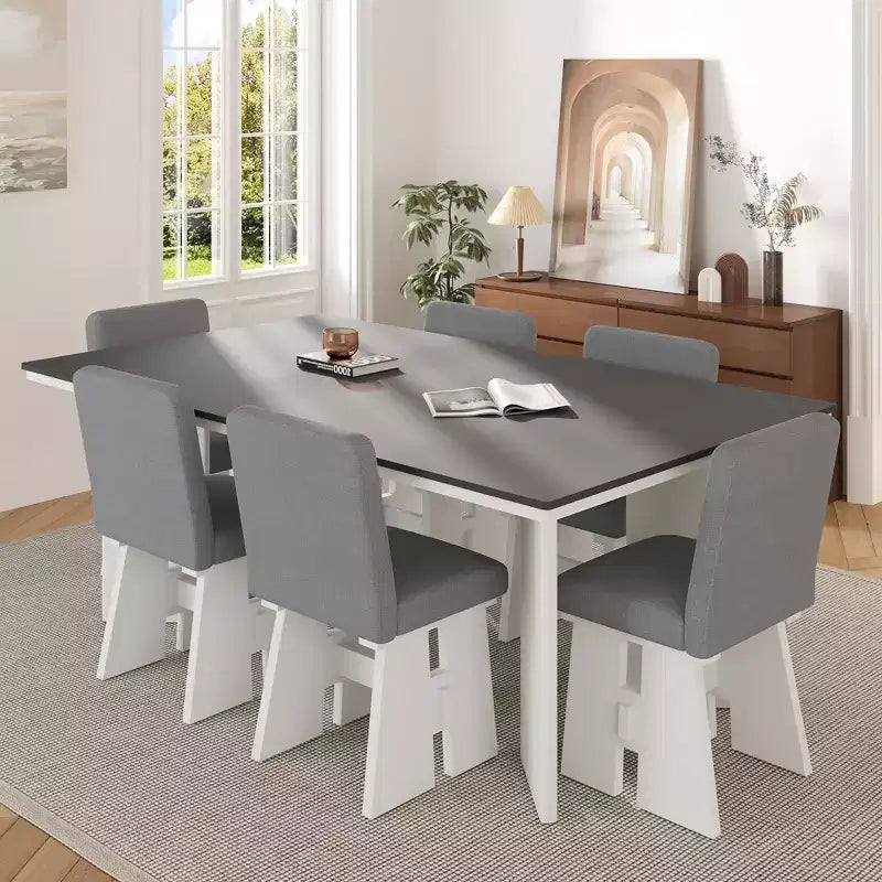 Ensemble de salle à manger 7 pièces avec 6 chaises rembourrées, style rétro et rustique, naturel/gris+blanc-ModernLuxe