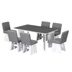 Ensemble de salle à manger 7 pièces avec 6 chaises rembourrées, style rétro et rustique, naturel/gris+blanc-ModernLuxe