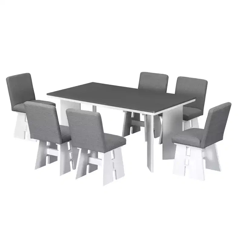 Ensemble de salle à manger 7 pièces avec 6 chaises rembourrées, style rétro et rustique, naturel/gris+blanc-ModernLuxe