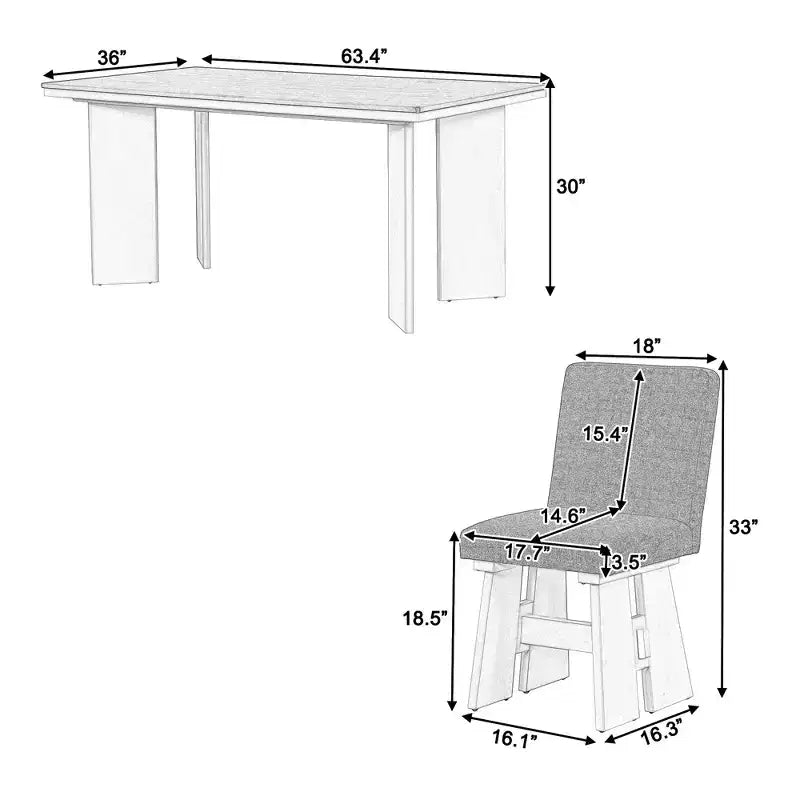 Ensemble de salle à manger 7 pièces avec 6 chaises rembourrées, style rétro et rustique, naturel/gris+blanc-ModernLuxe