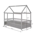 Lit simple en bois avec design bas, cadre de toit de maison et barrières de sécurité de style clôture