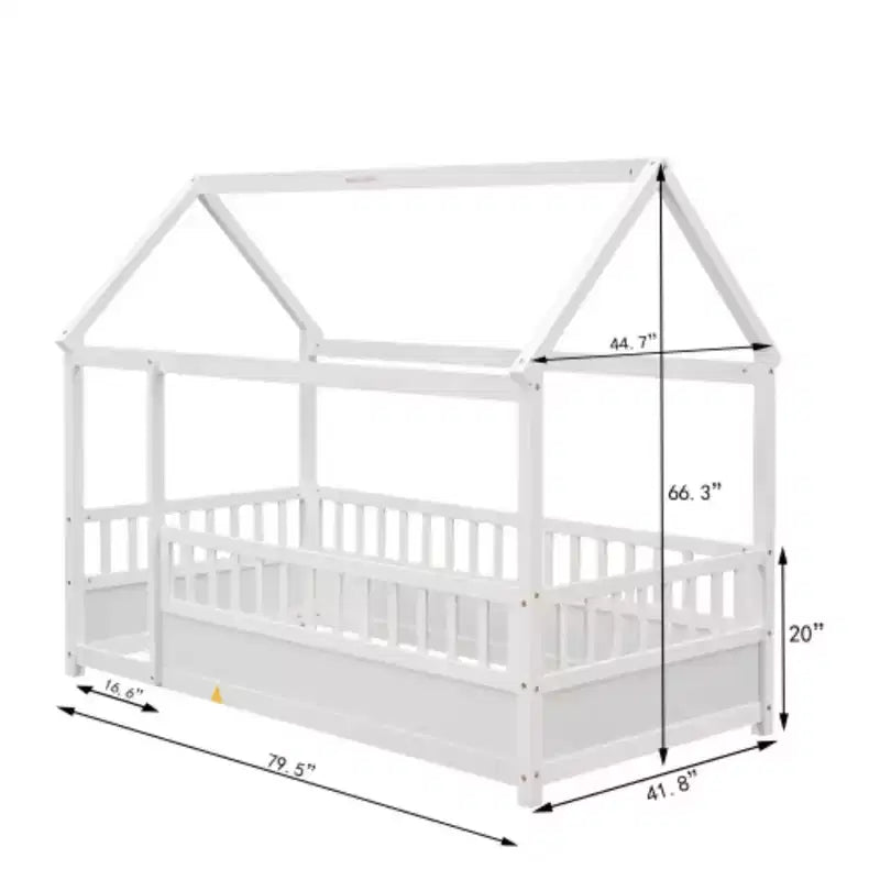 Lit simple en bois avec design bas, cadre de toit de maison et barrières de sécurité de style clôture