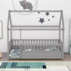 Lit simple en bois avec design bas, cadre de toit de maison et barrières de sécurité de style clôture