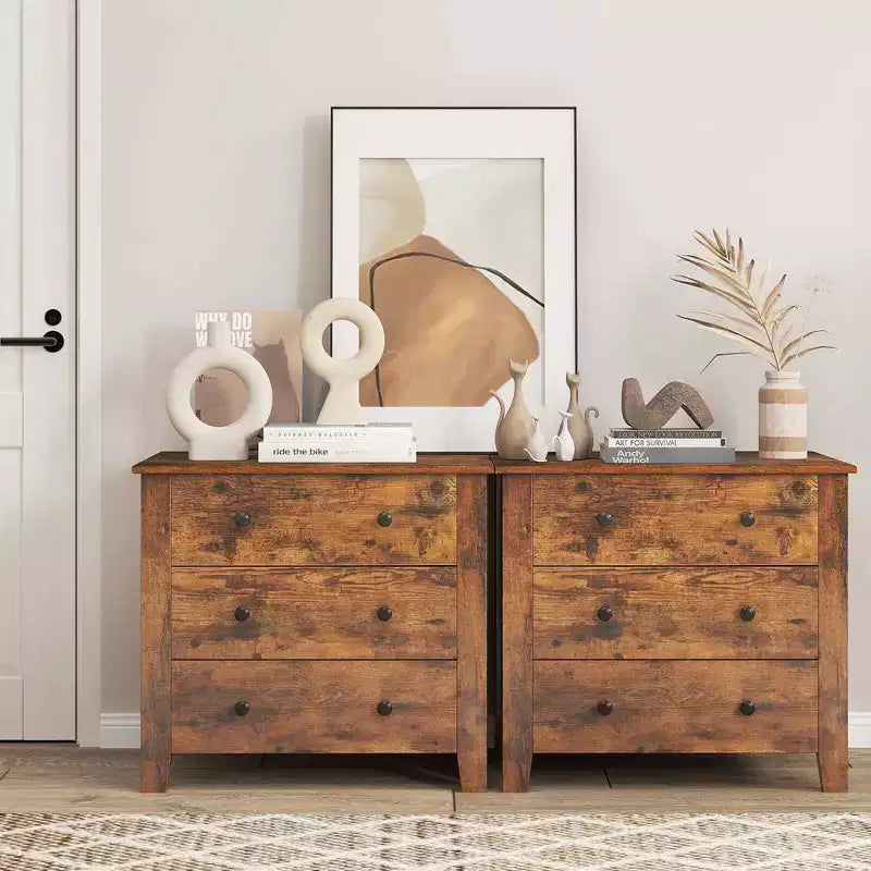 Commode à 3 tiroirs Costway, 2 pièces, avec poignées pratiques, rails de glissière lisses, table d'appoint Noyer/Marron