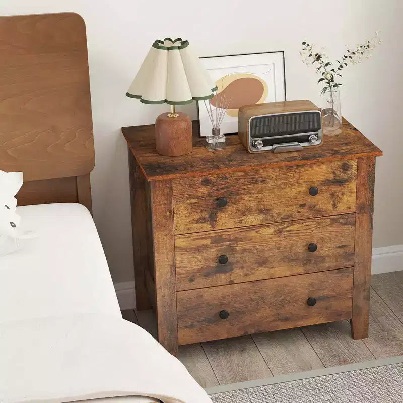 Commode à 3 tiroirs Costway, 2 pièces, avec poignées pratiques, rails de glissière lisses, table d'appoint Noyer/Marron