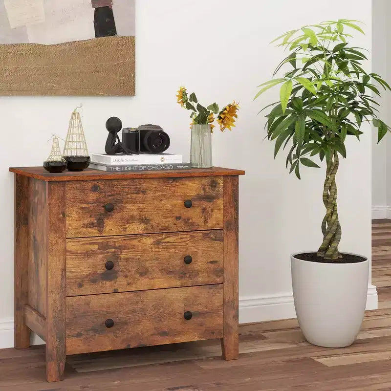 Commode à 3 tiroirs Costway, 2 pièces, avec poignées pratiques, rails de glissière lisses, table d'appoint Noyer/Marron
