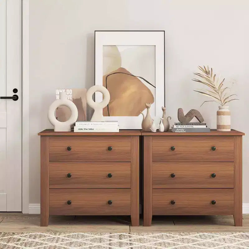 Commode à 3 tiroirs Costway, 2 pièces, avec poignées pratiques, rails de glissière lisses, table d'appoint Noyer/Marron
