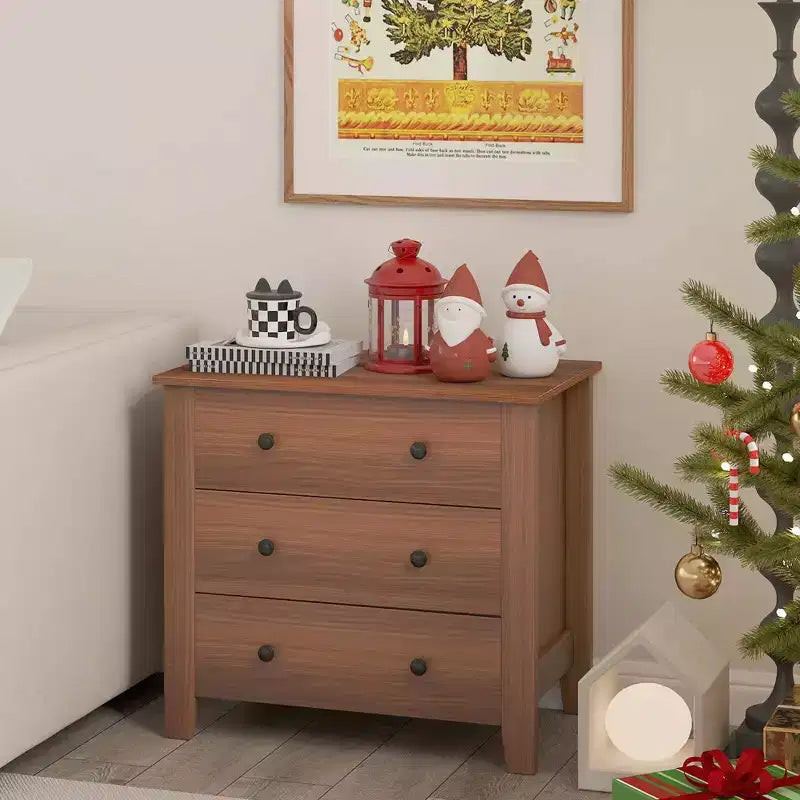 Commode à 3 tiroirs Costway, 2 pièces, avec poignées pratiques, rails de glissière lisses, table d'appoint Noyer/Marron