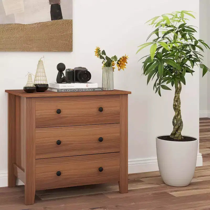 Commode à 3 tiroirs Costway, 2 pièces, avec poignées pratiques, rails de glissière lisses, table d'appoint Noyer/Marron