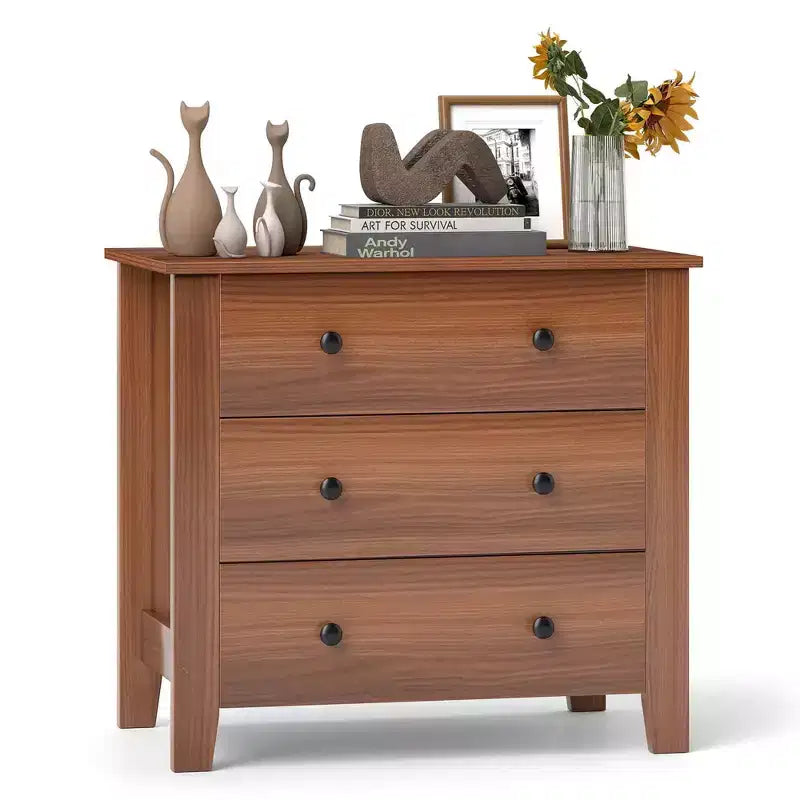 Commode à 3 tiroirs Costway, 2 pièces, avec poignées pratiques, rails de glissière lisses, table d'appoint Noyer/Marron