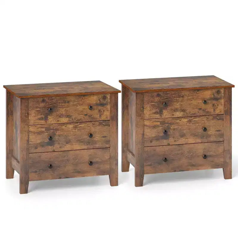 Commode à 3 tiroirs Costway, 2 pièces, avec poignées pratiques, rails de glissière lisses, table d'appoint Noyer/Marron