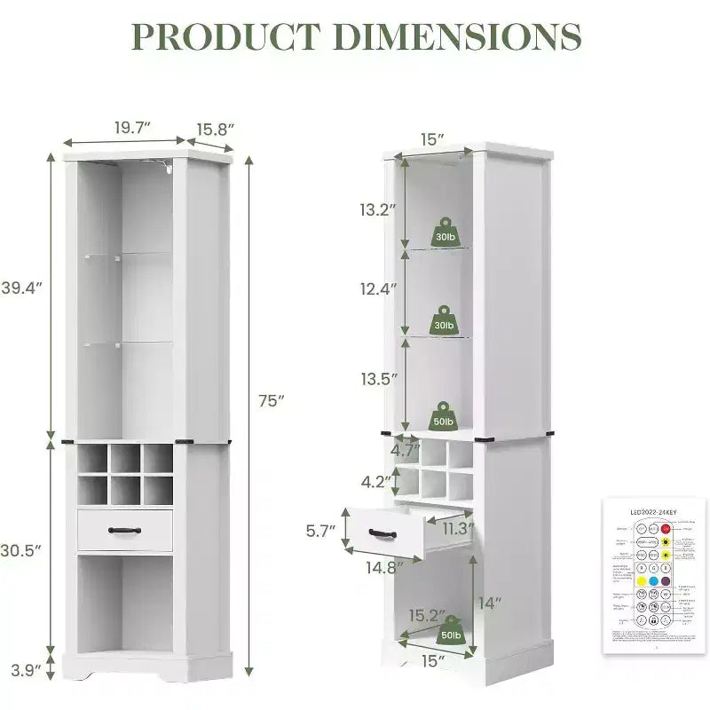 Heynemo Armoire de rangement haute de 190 cm avec éclairage LED, meuble de rangement de style ferme avec étagères réglables en verre trempé, casier à vin