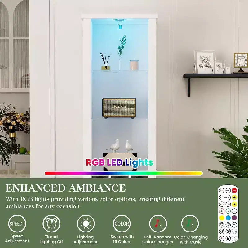 Heynemo Armoire de rangement haute de 190 cm avec éclairage LED, meuble de rangement de style ferme avec étagères réglables en verre trempé, casier à vin