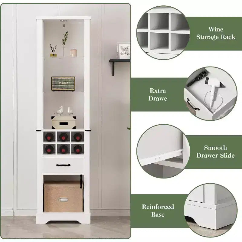 Heynemo Armoire de rangement haute de 190 cm avec éclairage LED, meuble de rangement de style ferme avec étagères réglables en verre trempé, casier à vin
