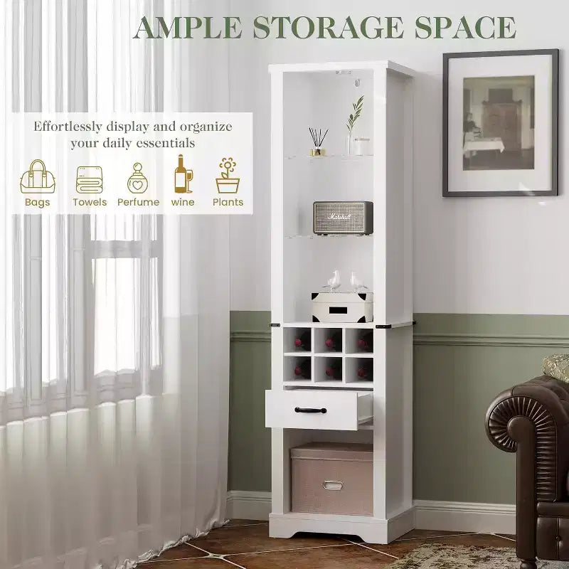 Heynemo Armoire de rangement haute de 190 cm avec éclairage LED, meuble de rangement de style ferme avec étagères réglables en verre trempé, casier à vin