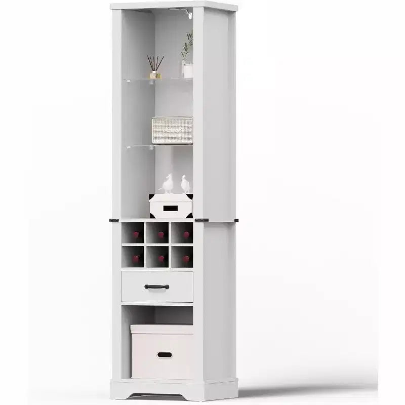 Heynemo Armoire de rangement haute de 190 cm avec éclairage LED, meuble de rangement de style ferme avec étagères réglables en verre trempé, casier à vin