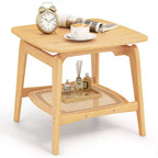 Costway 1/2 PCS Bamboo Sofa Side Table with Faux Rattan Storage Shelf Boho End Table Living Room