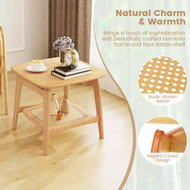 Costway Table d'appoint canapé bambou 1/2 PCS avec étagère de rangement en rotin synthétique Table d'appoint bohème Salon