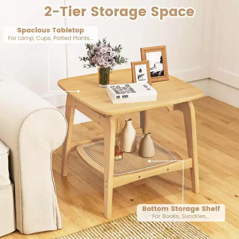Costway Table d'appoint canapé bambou 1/2 PCS avec étagère de rangement en rotin synthétique Table d'appoint bohème Salon