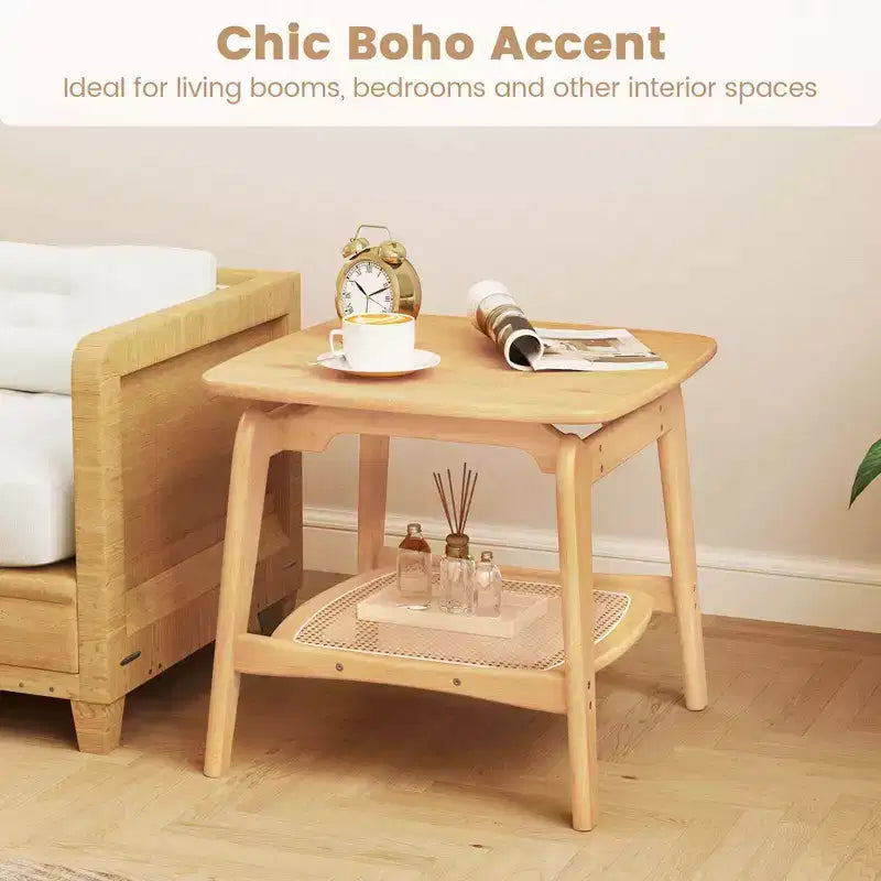 Costway Table d'appoint canapé bambou 1/2 PCS avec étagère de rangement en rotin synthétique Table d'appoint bohème Salon
