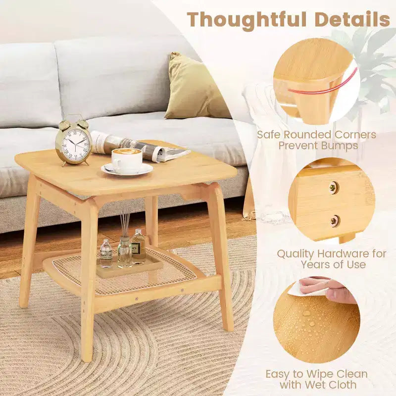 Costway Table d'appoint canapé bambou 1/2 PCS avec étagère de rangement en rotin synthétique Table d'appoint bohème Salon