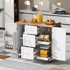 50 Length White Rolling Kitchen Island Kitchen Cart with Storage Rubber Wood Top 3 Drawer 2 Slide-Out Shelf