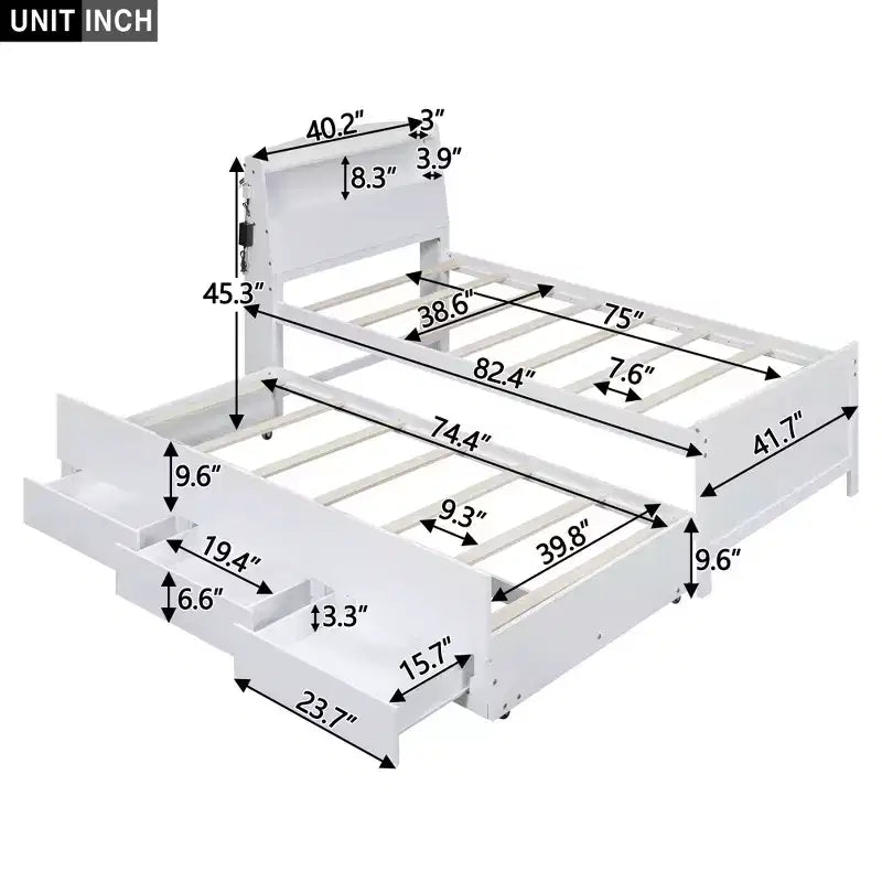 Cadre de lit plateforme double/grand avec tête de lit LED de rangement, lit gigogne double et 3 tiroirs, blanc-ModernLuxe