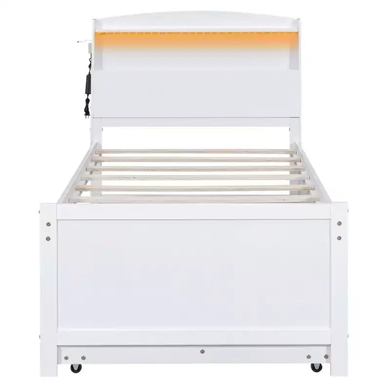 Cadre de lit plateforme double/grand avec tête de lit LED de rangement, lit gigogne double et 3 tiroirs, blanc-ModernLuxe