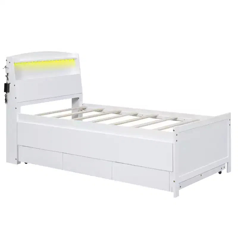 Cadre de lit plateforme double/grand avec tête de lit LED de rangement, lit gigogne double et 3 tiroirs, blanc-ModernLuxe
