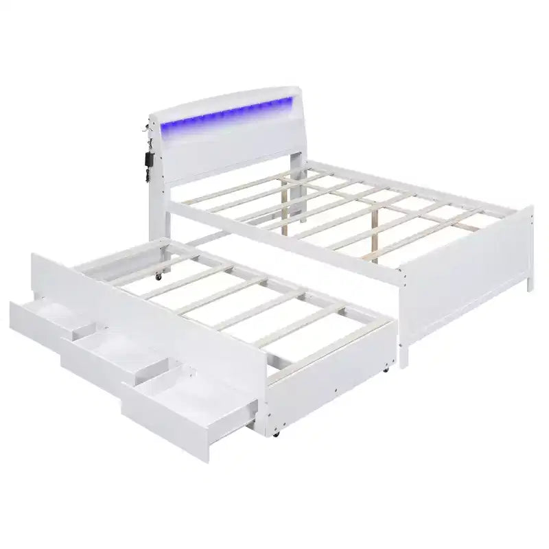 Cadre de lit plateforme double/grand avec tête de lit LED de rangement, lit gigogne double et 3 tiroirs, blanc-ModernLuxe