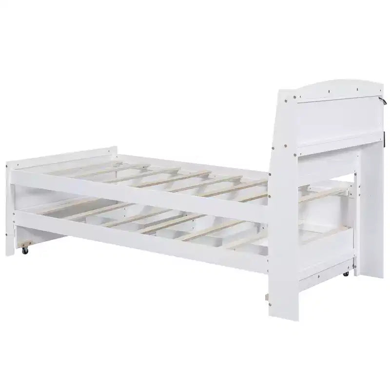 Cadre de lit plateforme double/grand avec tête de lit LED de rangement, lit gigogne double et 3 tiroirs, blanc-ModernLuxe