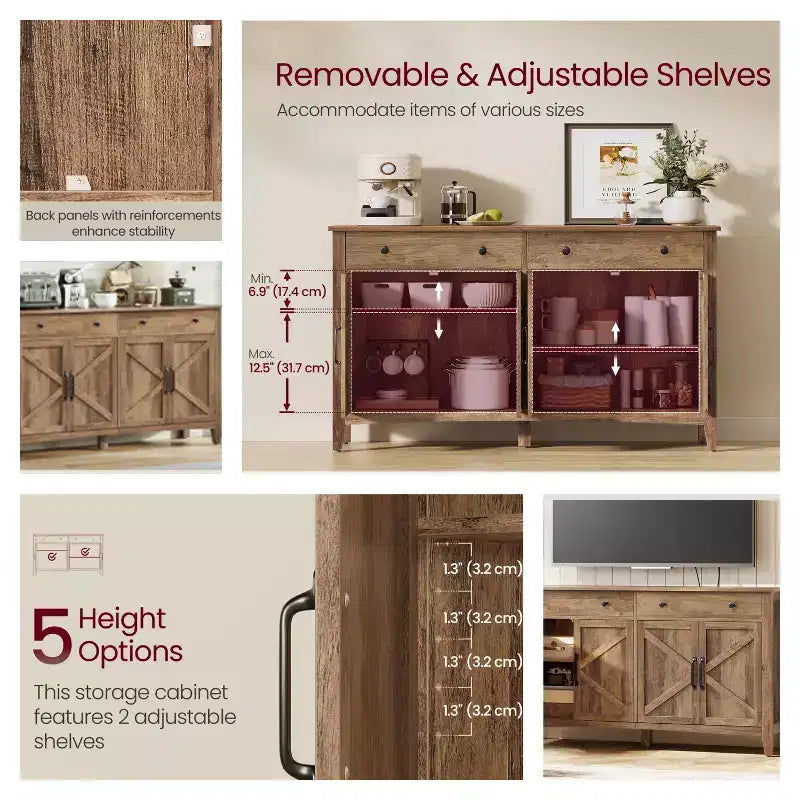 Meuble de rangement de cuisine style ferme marron miel avec 2 tiroirs et étagères réglables, parfait pour un coin café