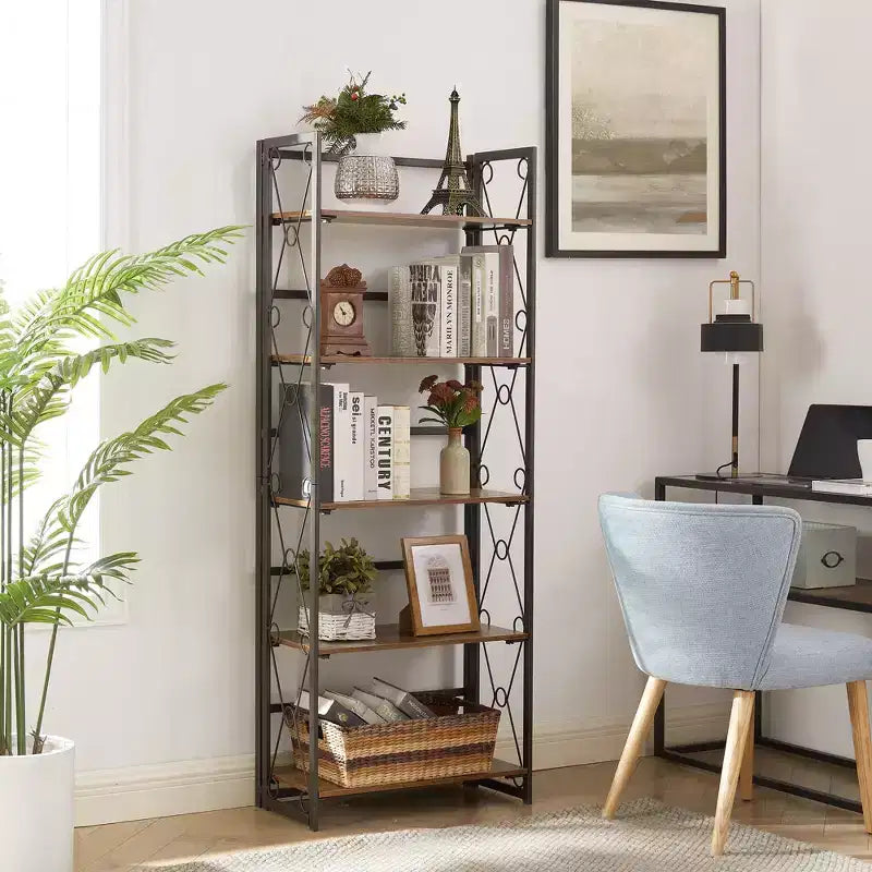 Étagère pliante VECELO, bibliothèque à 5 niveaux, organisateur de rangement industriel pour salon, marron/noyer/marron antique