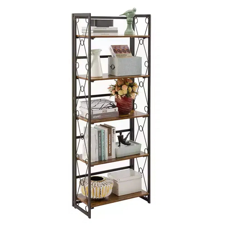 Étagère pliante VECELO, bibliothèque à 5 niveaux, organisateur de rangement industriel pour salon, marron/noyer/marron antique