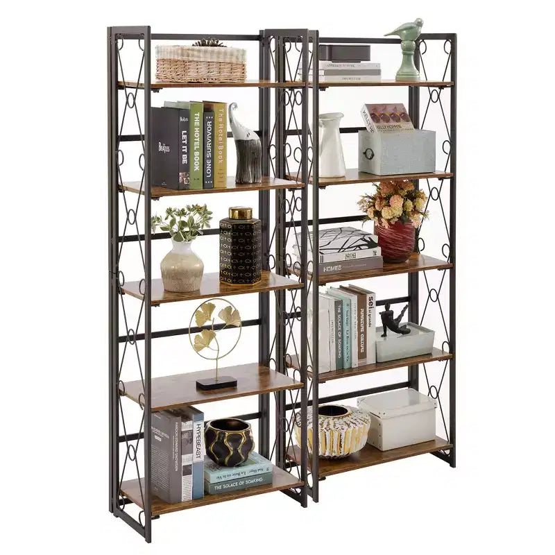 Étagère pliante VECELO, bibliothèque à 5 niveaux, organisateur de rangement industriel pour salon, marron/noyer/marron antique