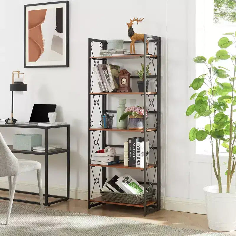 Étagère pliante VECELO, bibliothèque à 5 niveaux, organisateur de rangement industriel pour salon, marron/noyer/marron antique