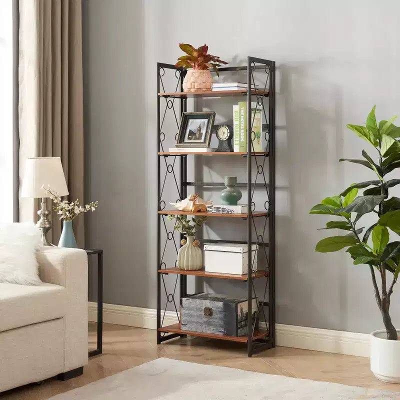 Étagère pliante VECELO, bibliothèque à 5 niveaux, organisateur de rangement industriel pour salon, marron/noyer/marron antique