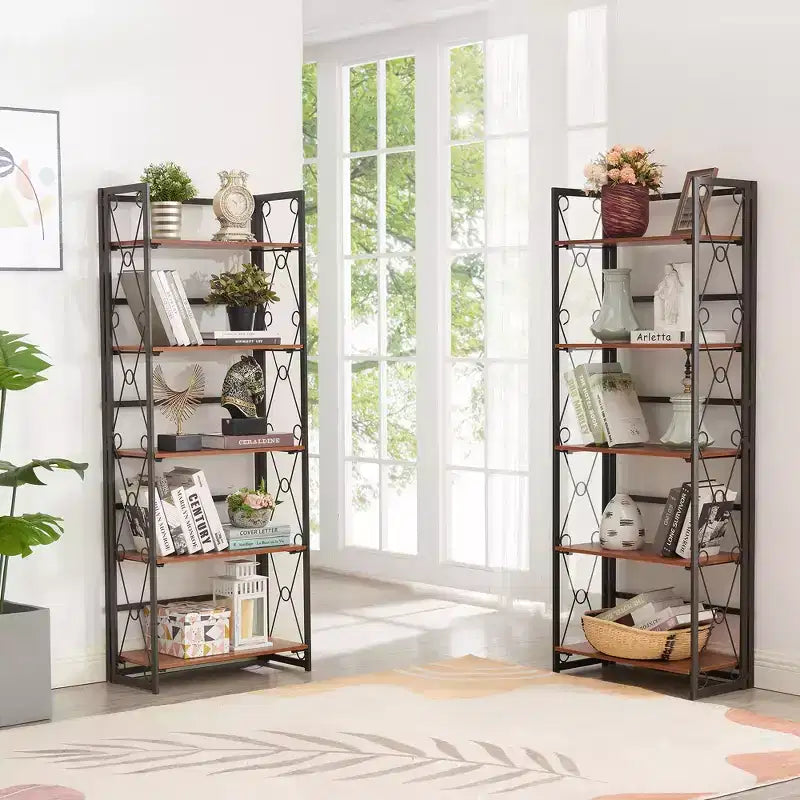 Étagère pliante VECELO, bibliothèque à 5 niveaux, organisateur de rangement industriel pour salon, marron/noyer/marron antique
